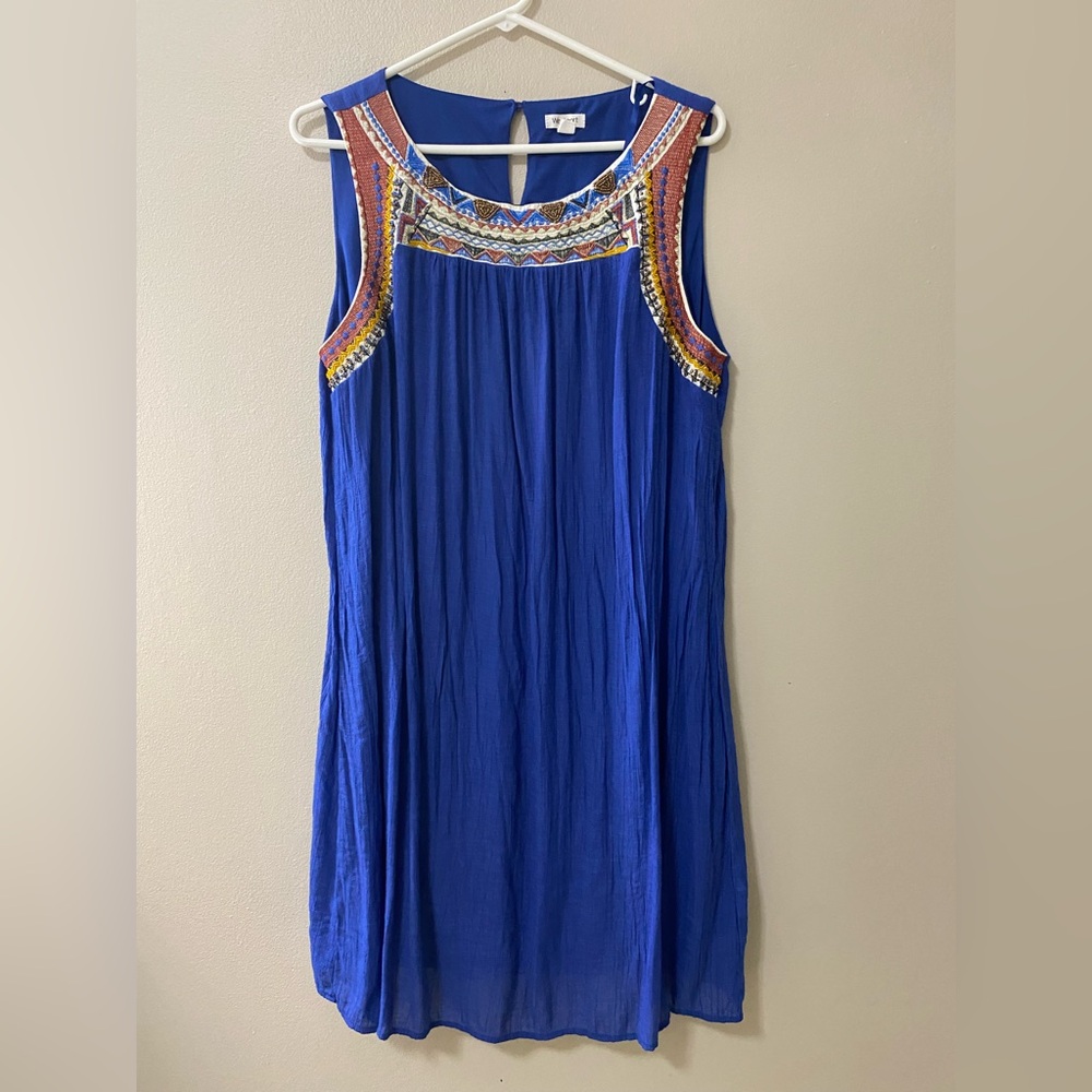 Boho gauzy dress womens xl beaded sleeveless summer embroidery beachy blue